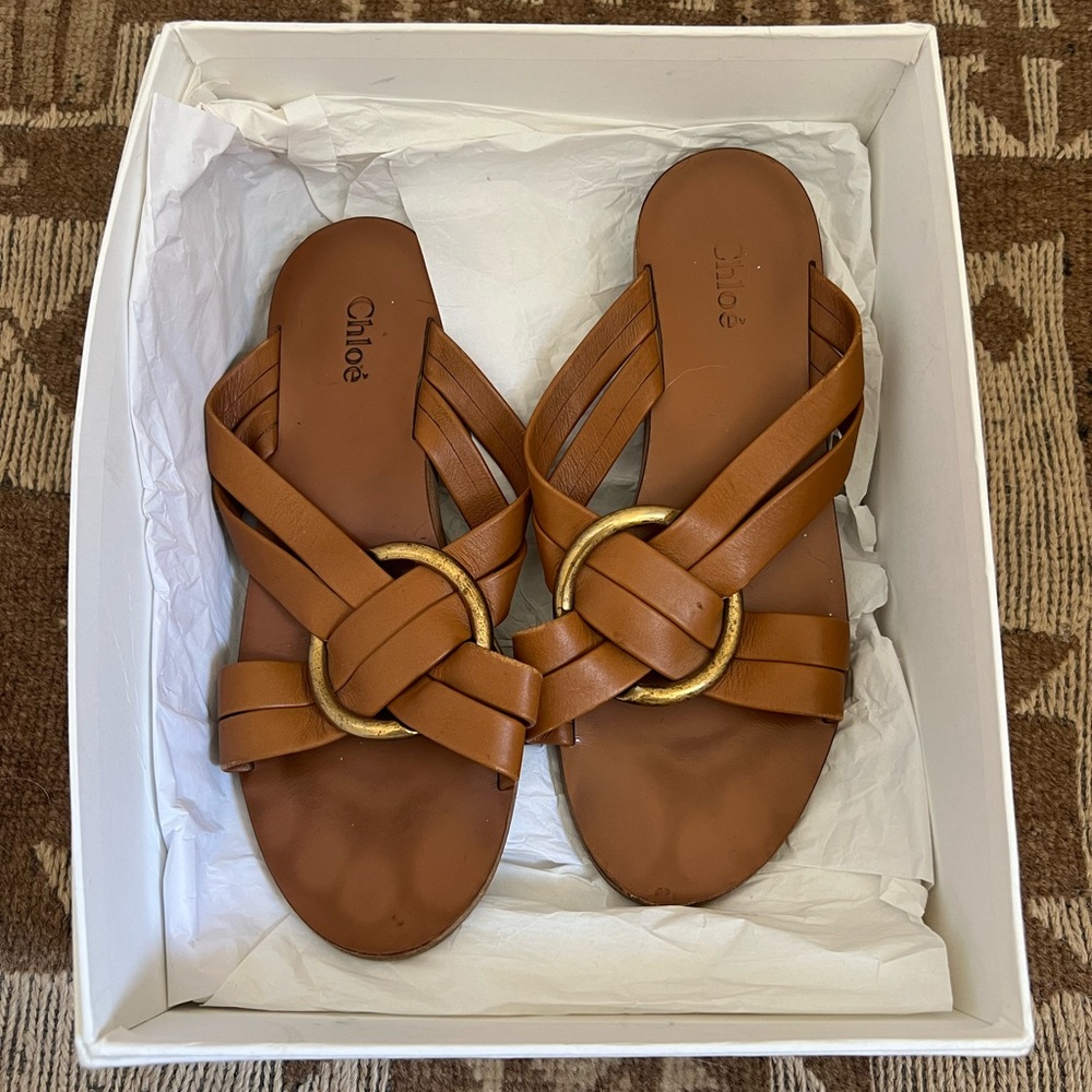 Chloe Brown Leather Rony Crisscross flat - Size 8